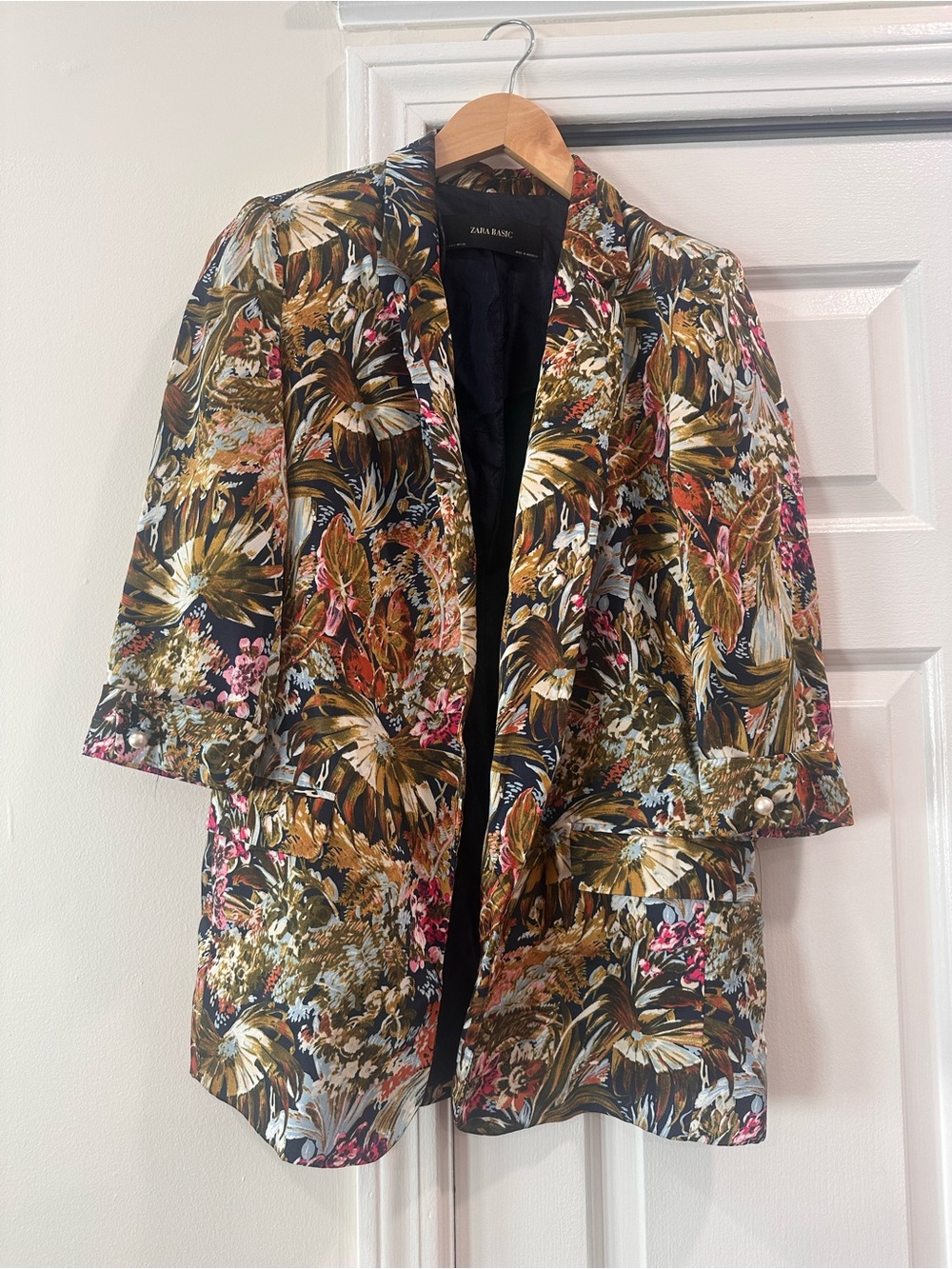 ZARA Botanical Print Blazer in Black, Gold & Pink